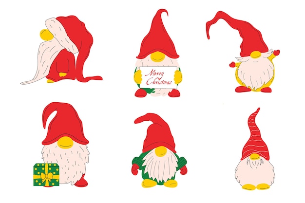 Набор векторных иллюстраций милых рождественских гномов на белом фоне