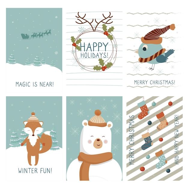 Set Cute Christmas greeting cards in Scandinavian style with different composition