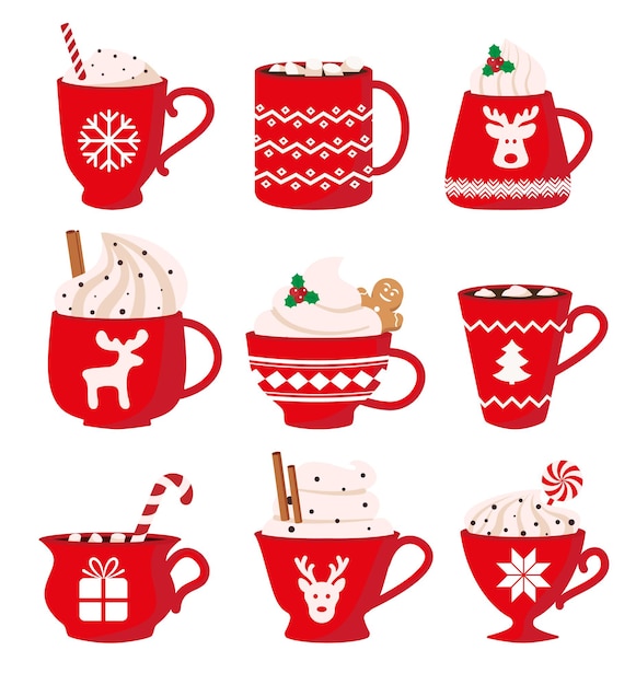 Set of cute christmas hot drinks. vector illustration.