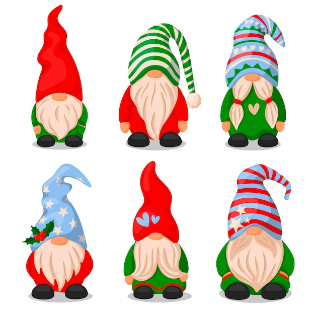 Set of cute christmas santa gnome elf illustration in cartoon style