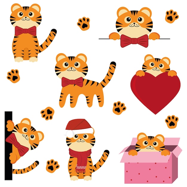 Set of cute Christmas tiger cubs, color vector isolated cartoon-style illustration