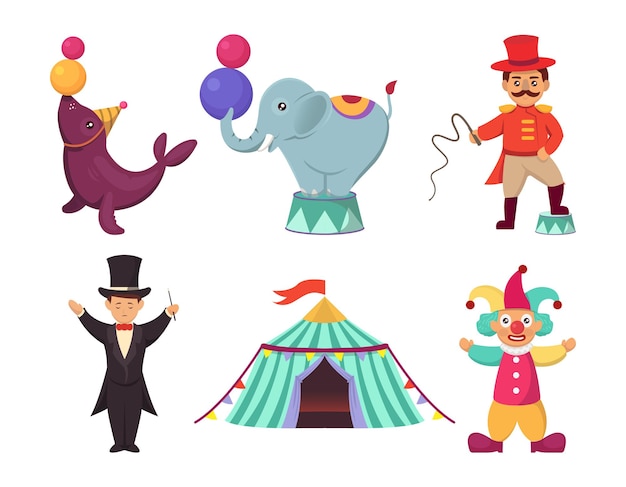 Set di simpatici personaggi del circo carnevale mascotte design illustrazione