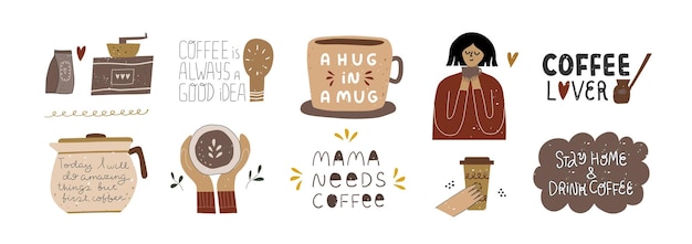 Set of cute clip art with funny coffee quotes and phrases