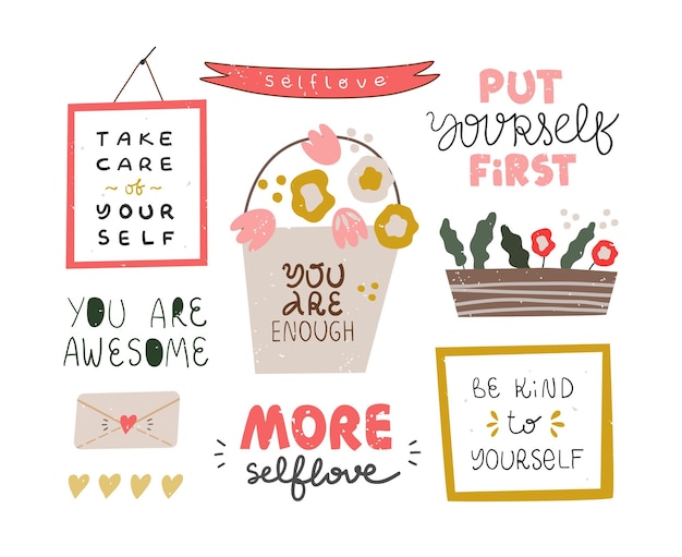 Set of cute clip art with self love scenes and elements