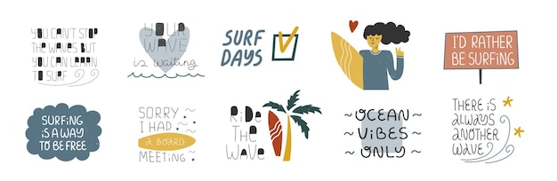 Set di simpatiche clip art con scene ed elementi di surf