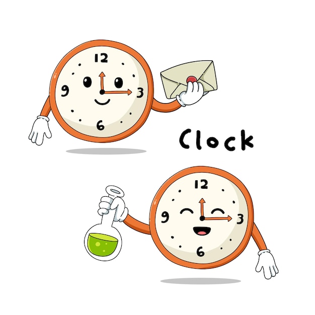 Vector set of cute clock cartoon mascot characters