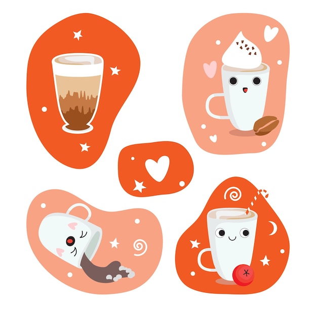 Set di simpatici personaggi del caffè in stile kawaii alla moda bevande cartoni animati felici con stelle e cuori doodle poster con carta banner