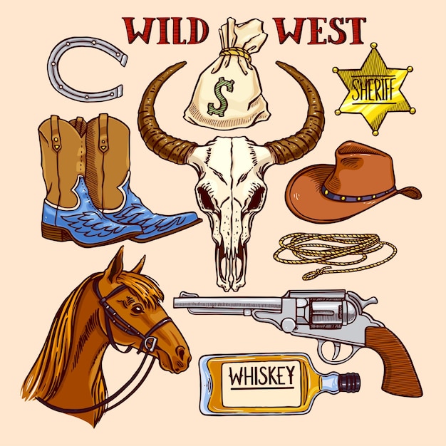 Vector set of cute coloful cowboy accessories.