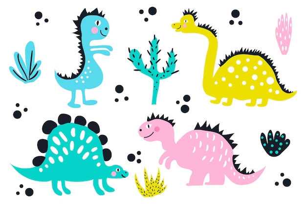 Set of cute colored dinosaurs Vector kids illustration in cartoon style