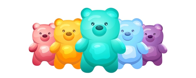 Set of cute colored jelly bears on a white background bright gummy animals in rainbow colors for design greeting card vector cartoon illustration