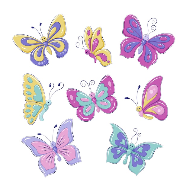 Vector set cute colorful butterflies in cartoon style. illustrations for children. eps10 vector graphics.