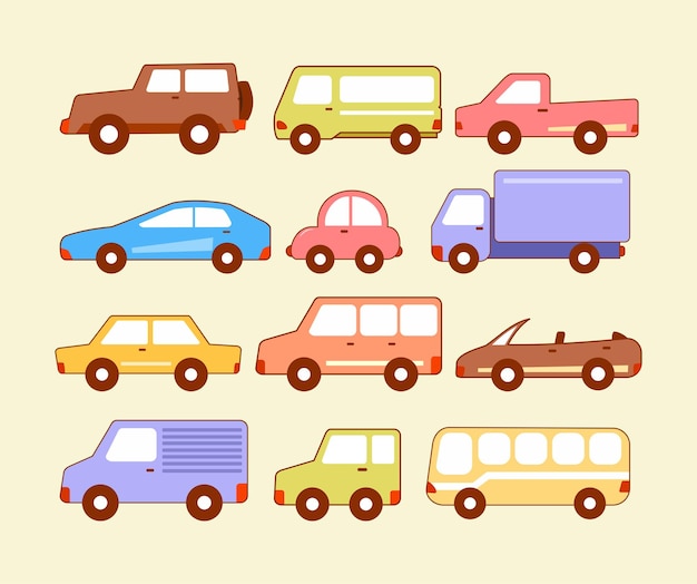 Set Cute Colorful Cars Vector Illustration