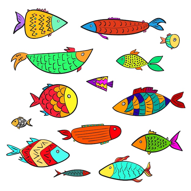 Vector set of cute colorful cartoon decorated vector fishes. stylized doodle hand drawn cute bright fish