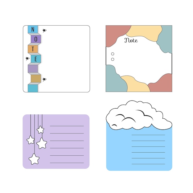 구름과 별이 손으로 그린 벡터 삽화가 있는 귀여운 다채로운 메모장 세트.