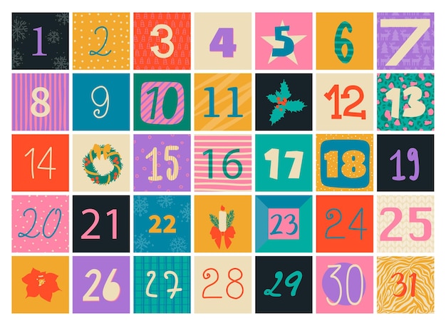 Set di graziosi numeri colorati da 1 a 31 per il calendario dell'avvento elementi vettoriali isolati per il design