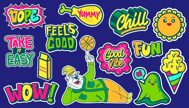 A set of cute and colorful sticker art illustrations for prints for textile design.