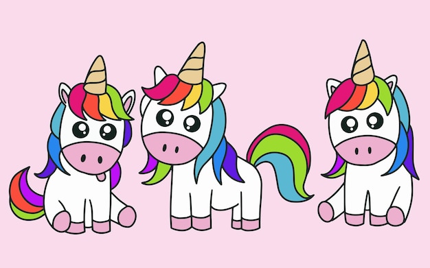 Set of cute colorful unicorn magic doodle cartoon animal pet character happy collection illustration