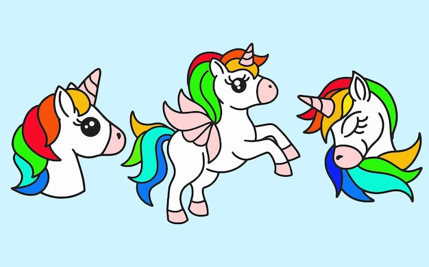Set di unicorno colorato carino cavallo magico doodle cartoon animal pet character happy collection