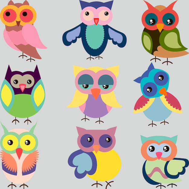 Vector set of cute colorful vector owls