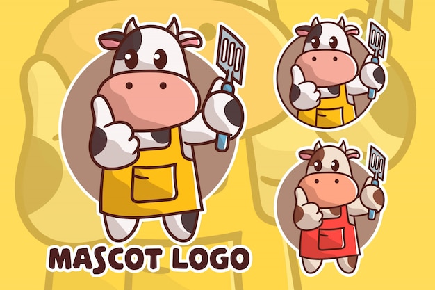 Set of cute cooking cow mascot logo