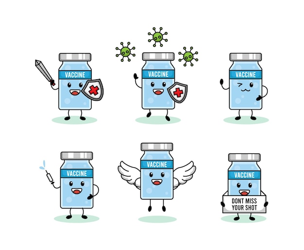 Vector set of cute coronavirus vaccine mascot design