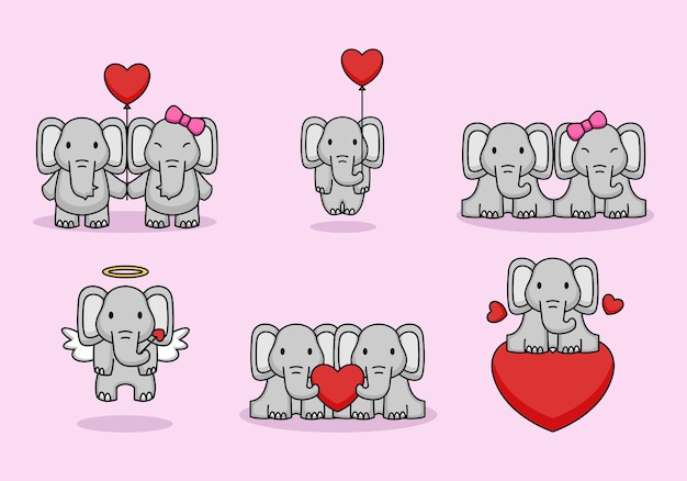 Set of cute couple elephants love on valentine's day