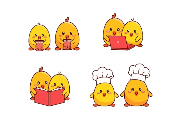 Vector set of cute couple little duck or little chick drink bubble tea watch on computer reading book chef