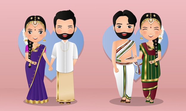 Premium Vector | Set of cute couple in traditional indian dress cartoon characters bride and invitations card. Premium Vector | Set of cute couple in traditional indian dress cartoon characters bride and invitations card.