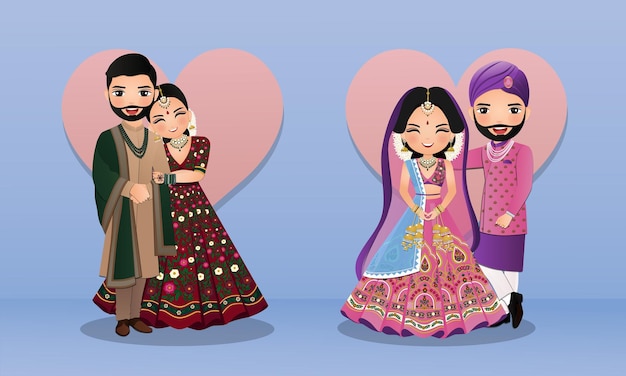 Set of cute couple in traditional indian dress cartoon characters bride and groomwedding invitation