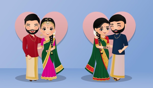 Vector set of cute couple in traditional indian dress cartoon characters bride and groomwedding invitation