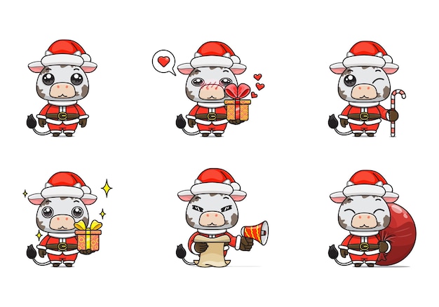 Set cute cow in christmas costume cartoon animal in santa costume front view six poses