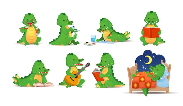 Set cute crocodile go about daily activitiesalligator readsdrinkssleepsbrushes his teethVector