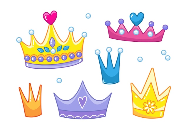 Vector set of cute crowns in different colors vector illustration or princess accessory in cartoon style