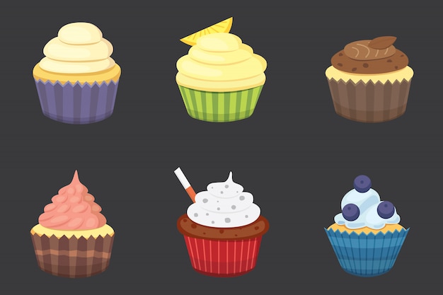 Set di simpatici cupcakes e muffin. cupcake colorati per poster di cibo.