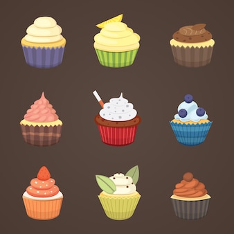 Set di simpatici cupcakes e muffin. cupcake colorati isolati per cartellonistica alimentare.