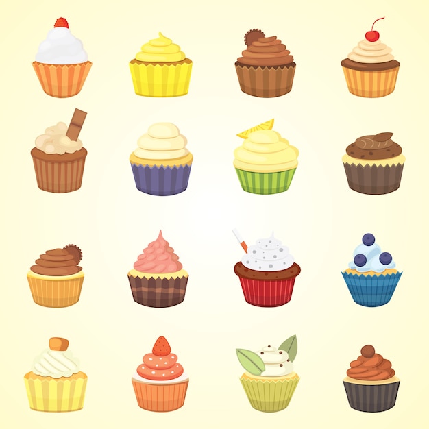 Vector set of cute cupcakes and muffins.