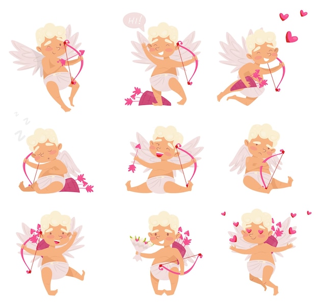 Set of cute cupid in different actions Cartoon character of little boy with wings Angel of love with pink bow and arrows Colorful vector illustrations in flat style isolated on white background