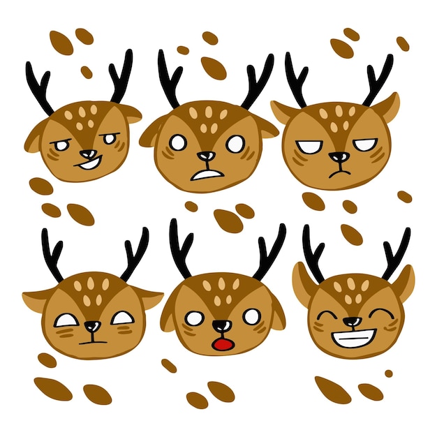 Set of cute deers Funny doodle animals Little fawn in cartoon style Vector illustration