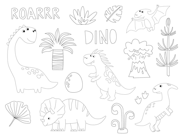 Set of cute dinosaur outlines in cartoon style Kids coloring book illustrations