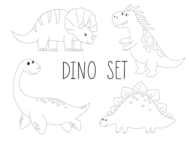 Set of cute dinosaur outlines in cartoon style Kids coloring book illustrations