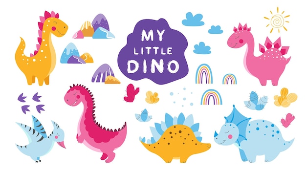 Set of cute dinosaurs, cute vector dinosaur illustrations, set of cartoon dinosaurs