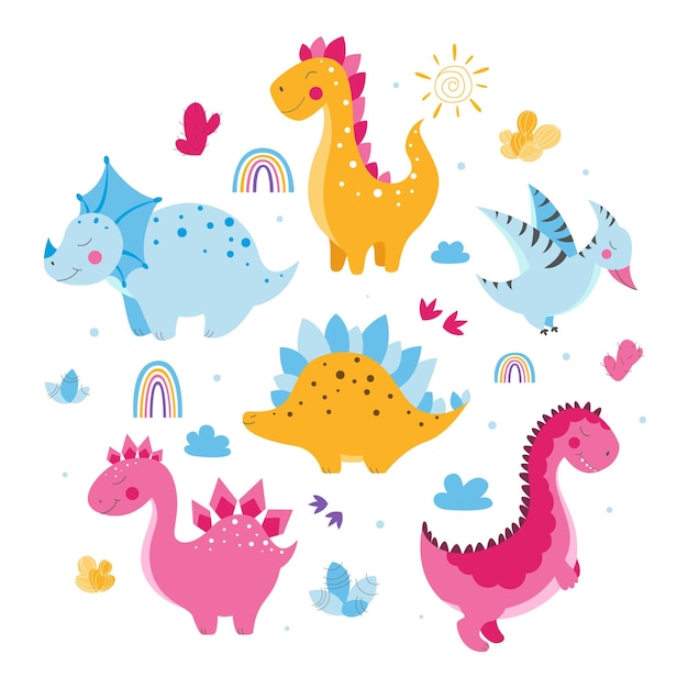 Set of cute dinosaurs, cute vector dinosaur illustrations, set of cartoon dinosaurs