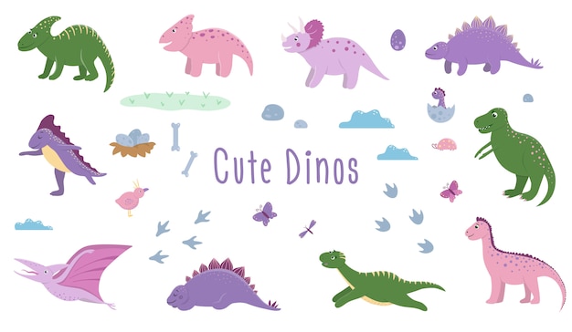  set of cute dinosaurs with clouds, eggs, bones, birds for children. Dino flat cartoon characters. Cute prehistoric reptiles illustration.
