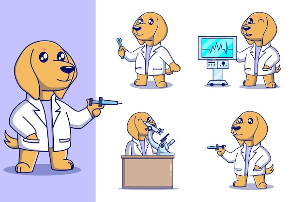 Set of Cute Dog Doctor Vec Illustrations