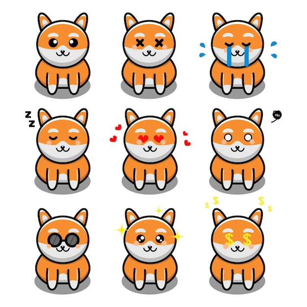 Set di simpatico cane con personaggio dei cartoni animati di espressione