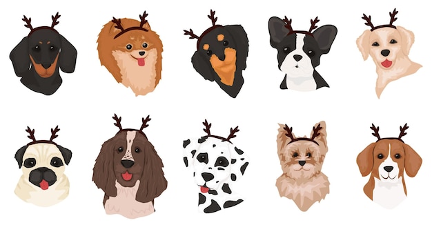 Set of Cute dogs with deer antlers