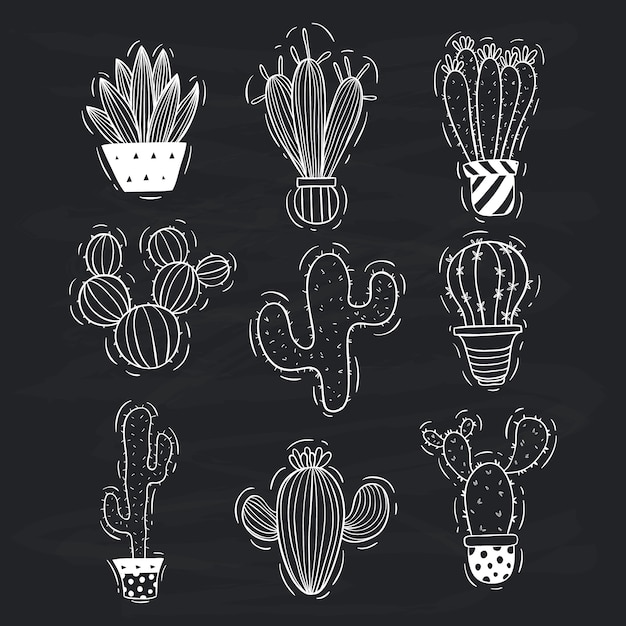 Vector set of cute doodle cactus with cactus pot