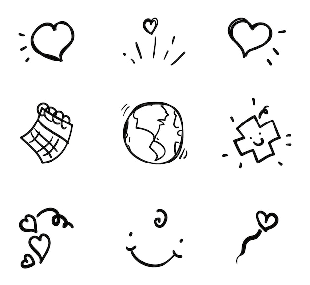 Set of cute doodle drawing hearts calendarcross with smile happy smiling gesture and planet Earth