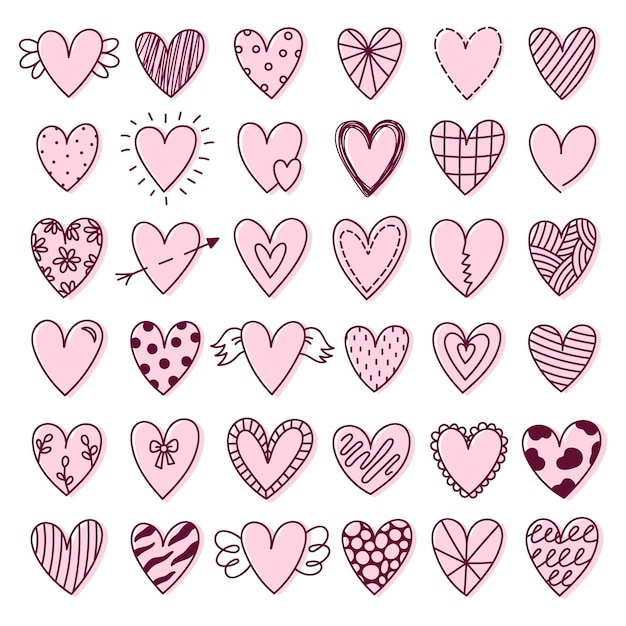 Set di simpatici cuori scarabocchiati per la collezione di clipart romantiche di san valentino