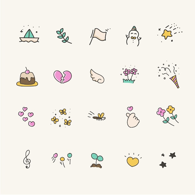 set of cute doodle icons hand drawn vector icons illustration
